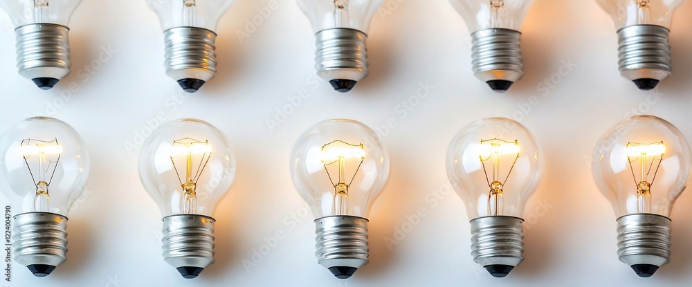 Ten illuminated light bulbs arranged in rows on a white background. Ten illuminated light bulbs arranged in rows on a white background.