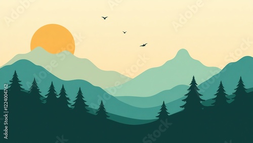 Serene Sunset Over Mountain Range With Pine Trees