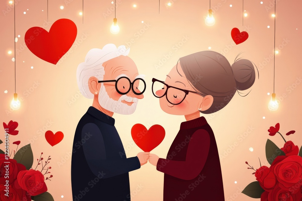 Charming elderly couple sharing a loving moment with hearts and roses, perfect for Valentine's Day or romance themes Charming elderly couple sharing a loving moment with hearts and roses, perfect for Valentine's Day or romance themes