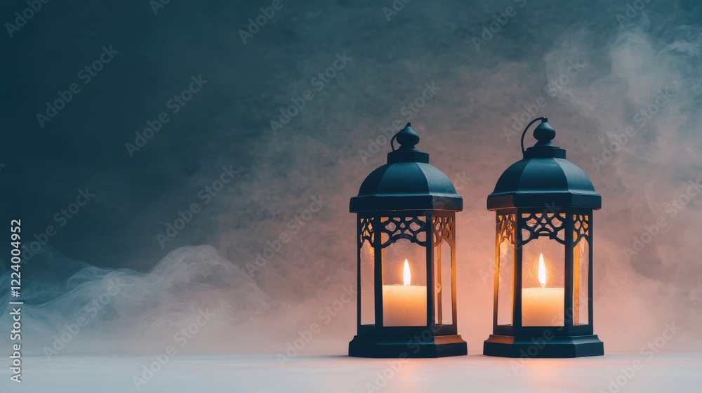 Fototapeta premium Two Ornate Metal Lanterns with Lit Candles in a Mystical Foggy Setting