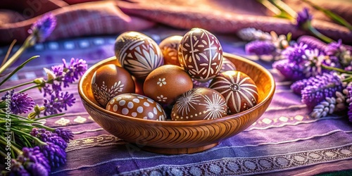 Easter Eggs: Painted Brown Eggs with White Patterns, Orthodox Easter, Spring Decoration photo