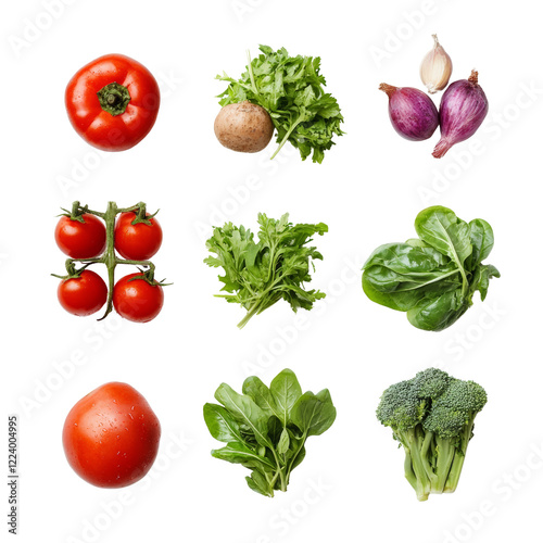 A vibrant assortment of fresh vegetables including tomatoes, broccoli, and arugula on a white isolated background.