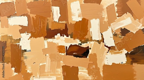 Abstract oil painting on canvas, utilizing thick impasto technique, showcasing textured brushstrokes in shades of deep brown, burnt umber, and ivory white, creating a sense of depth and moveme photo