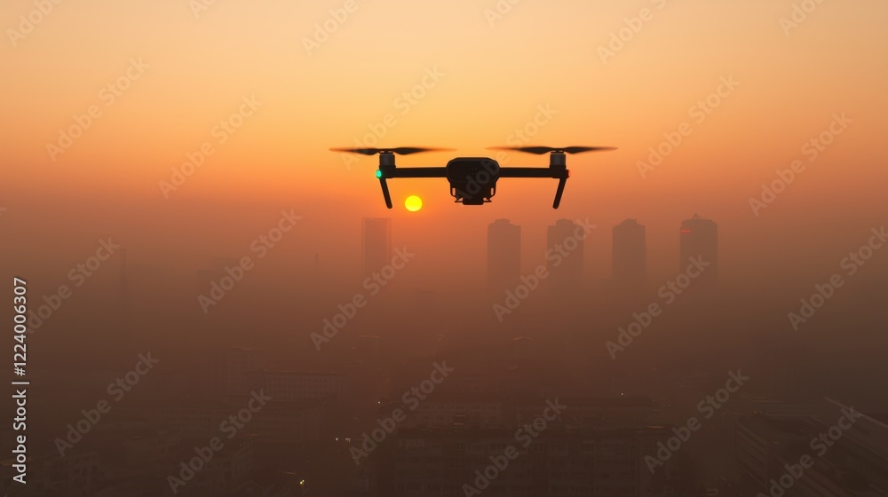 PM2.5 protect concept. Drone Monitoring Air Pollution in Smoggy Urban Skyline at Sunset PM2.5 protect concept. Drone Monitoring Air Pollution in Smoggy Urban Skyline at Sunset