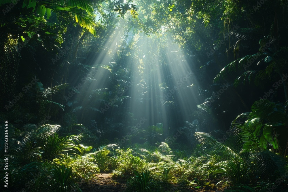 Fototapeta premium Enchanted Rainforest: A Glimpse of Nature's Splendor Through Sunlit Foliage in the Lush Greenery
