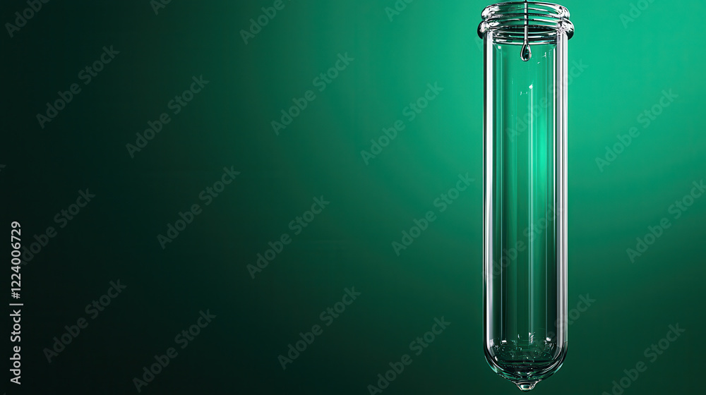 Fototapeta premium clear laboratory test tube suspended against green background, showcasing its sleek design and transparency