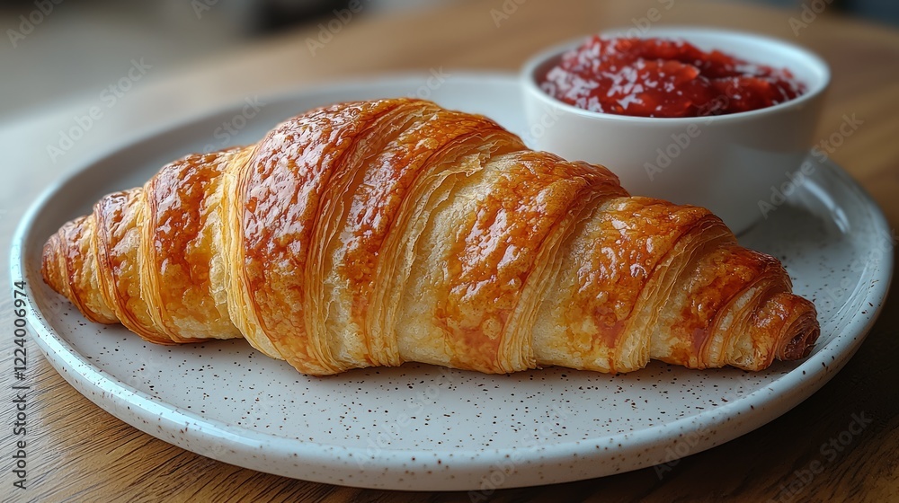 Buttery croissant with jam, cafe breakfast Buttery croissant with jam, cafe breakfast