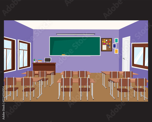 Empty school classroom interior chalkboard teachers table vector