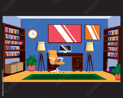Study room home interiors design vector, working space, study room, desktop with table, bookshelf, cabinet, lamp