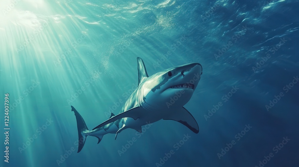 Fototapeta premium depiction of a shark gliding underwater, focusing on its streamlined body and detailed fins on a clean white canvas