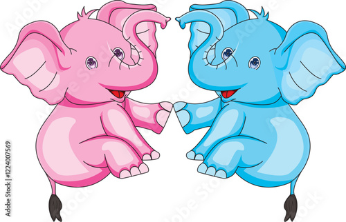 Cute pink and blue baby elephant sitting on floor making heart shape with their tongue vector illustration