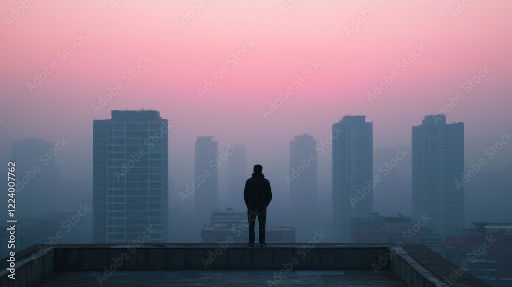 PM2.5 protect concept. Silhouetted figure overlooking a hazy moody cityscape at dusk PM2.5 protect concept. Silhouetted figure overlooking a hazy moody cityscape at dusk