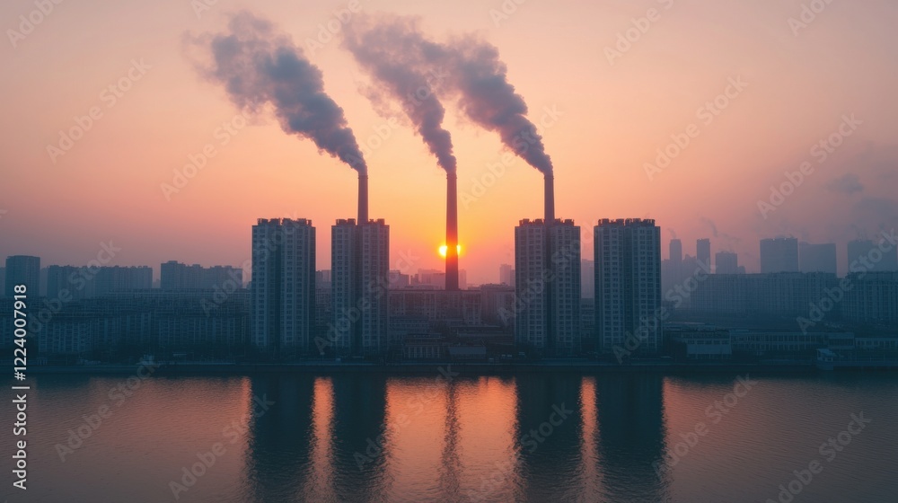 PM2.5 protect concept. Smokestacks Emitting Smoke at Sunset Over Cityscape Reflection PM2.5 protect concept. Smokestacks Emitting Smoke at Sunset Over Cityscape Reflection