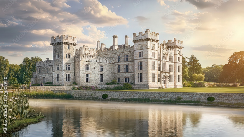 detailed architectural artwork of Leeds Castle, capturing the essence of its castle building detailed architectural artwork of Leeds Castle, capturing the essence of its castle building