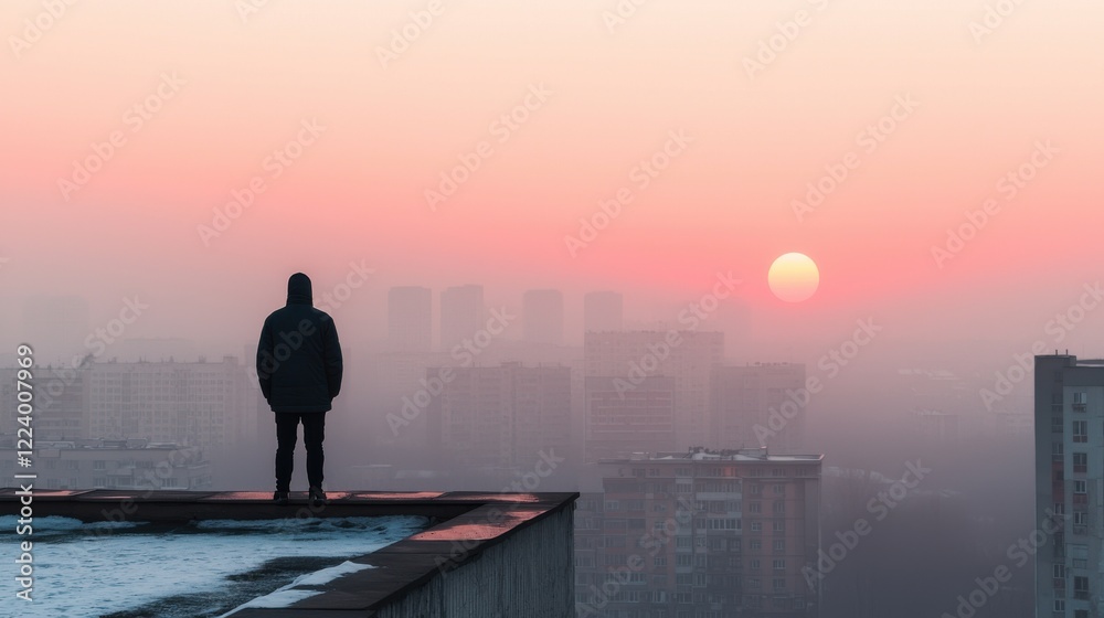 Fototapeta premium PM2.5 protect concept. Solitary figure overlooking a misty urban skyline at sunrise or sunset