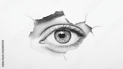 A watchful eye peering through a torn paper