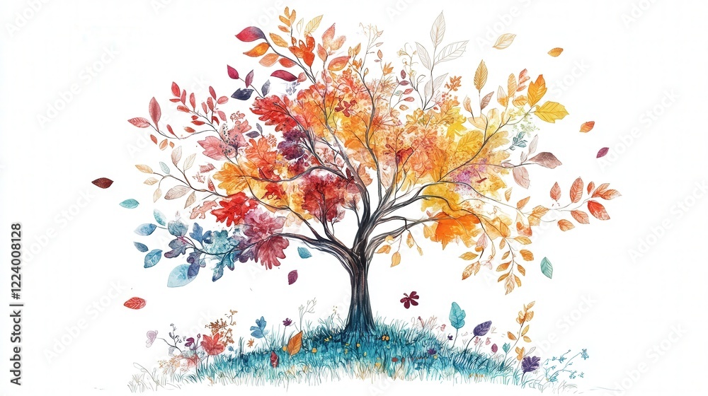 Fototapeta premium drawing of an autumn tree with colorful leaves and plant life set against a bright white backdrop