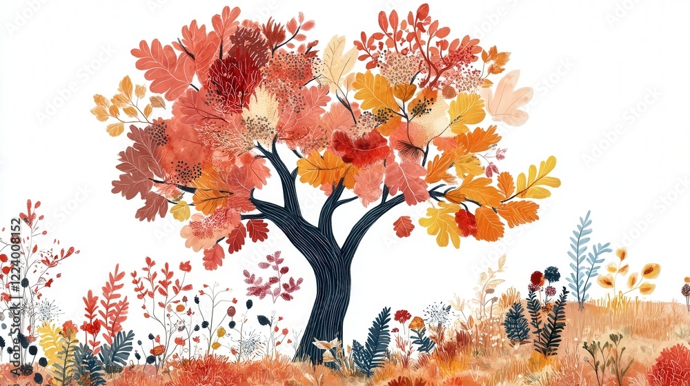 Fototapeta premium drawing of an autumn tree with colorful leaves and plant life set against a bright white backdrop