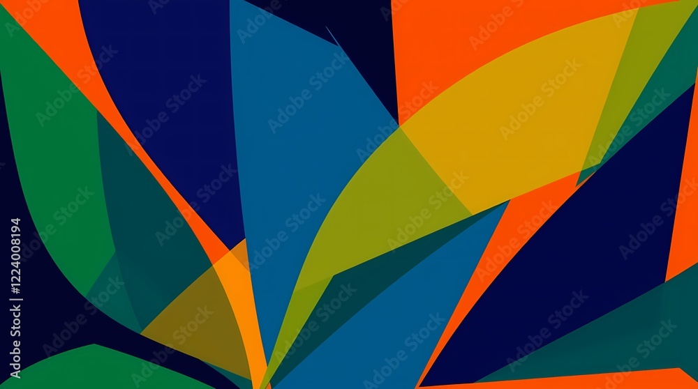 An abstract composition of vibrant, overlapping geometric shapes.  Deep blues, fiery oranges, and sharp greens dominate the palette, creating a dynamic and energetic feel. The style is bold an.jpg
