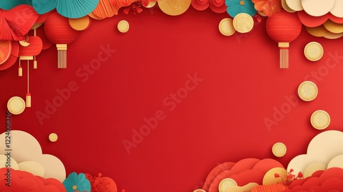 Vibrant Red Background with Colorful Paper Decorations and Lanterns for Festive Celebrations