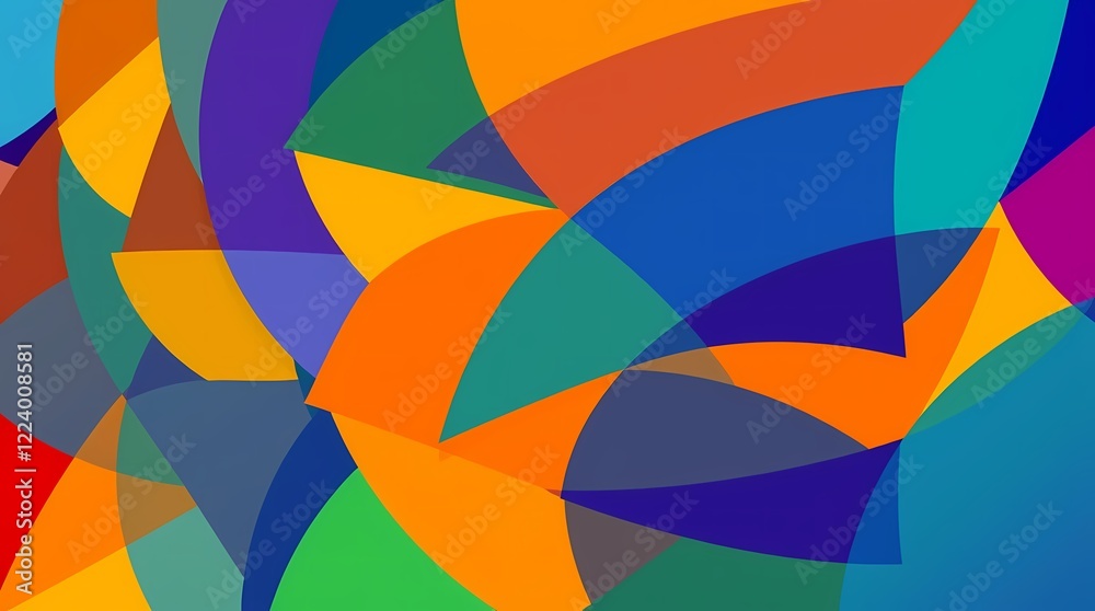 Obraz premium An abstract digital artwork composed of vibrant, overlapping geometric shapes in a bold color palette of blues, greens, and oranges, rendered in a sharp, high-resolution style.jpg