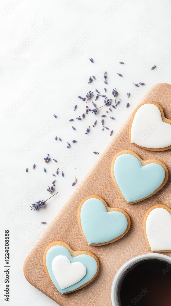 Obraz premium Sweet Lavender Infused Heart-Shaped Cookies on Wooden Board with Dark Coffee and Lavender Sprigs