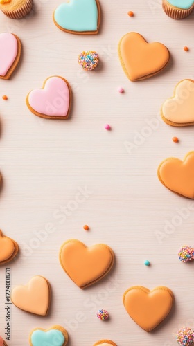 Colorful Heart-Shaped Cookies on Light Wooden Background for Sweet Treats and Celebrations