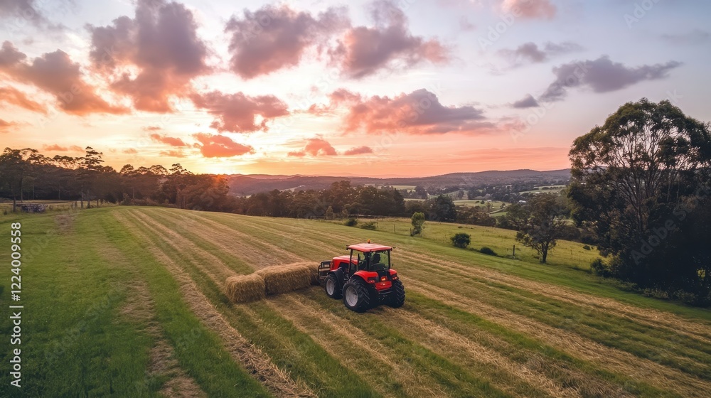 Fototapeta premium Red Tractor Harvesting Hay at Sunset in a Scenic Farm Landscape