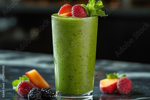 Glass filled with green smoothie and colorful berries on a wooden table, vibrant and healthy refreshment.