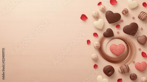 Romantic Arrangement of Heart-Shaped Chocolate Candies and Rose Petals on Soft Beige Background