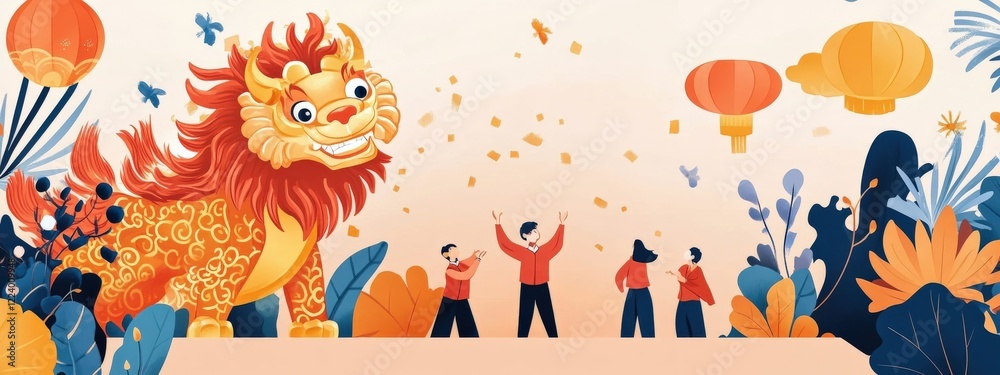Obraz premium Colorful Lion Dance Celebration with People, Lanterns, and Decorative Elements in Vibrant Illustrative Style