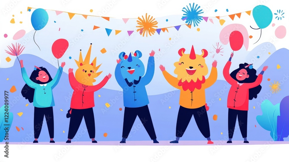 Fototapeta premium Colorful Cartoon Characters Celebrating with Balloons and Confetti at a Festive Outdoor Party Scene