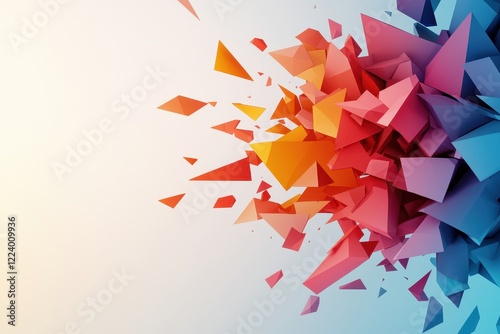 Geometry grid artistry concept. Colorful geometric shapes burst against a light background, creating a dynamic and modern visual effect.