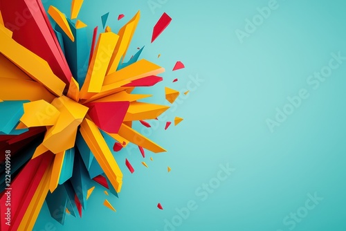 Geometry grid artistry concept. Vibrant abstract explosion of colorful geometric shapes against a soft blue background.