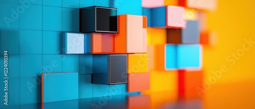 Geometry grid artistry concept. Colorful geometric shapes create a vibrant abstract background with a mix of blue, orange, and black blocks.