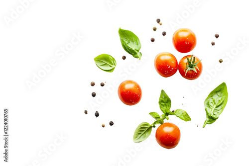 Fresh cherry tomatoes with basil leaves and peppercorns on a white isolated background, perfect for cooking and healthy eating themes.
