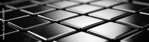 Geometry grid artistry concept. Black square tiles arranged in a grid, showcasing a sleek, modern aesthetic with reflective surfaces and depth.