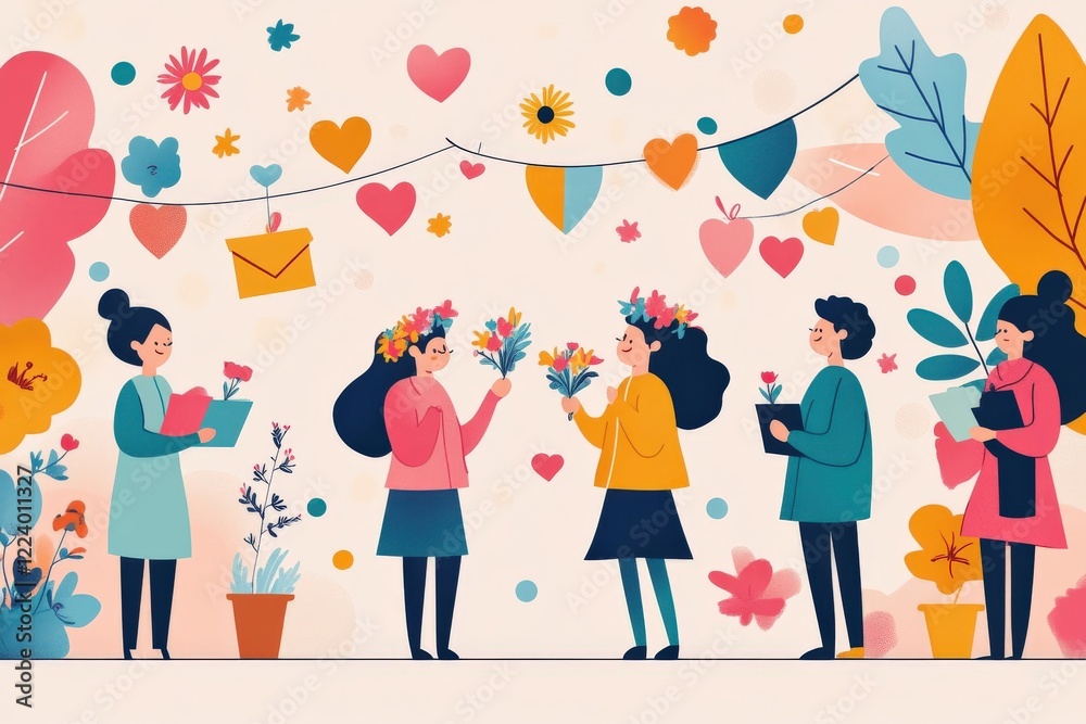 Fototapeta premium Cheerful Group of Friends Celebrating Special Occasion with Flowers and Festive Decorations in Colorful Environment