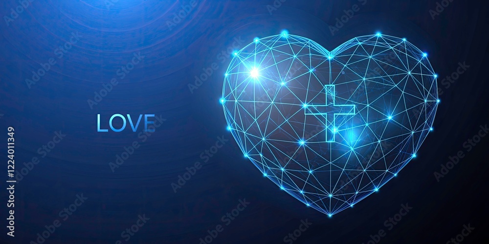 Fototapeta premium Low Poly Wireframe Heart with Addition Symbol on Dark Blue Background, Isolated Design for Love, Growth, and Positivity with Clean Copy Space for Creative Use