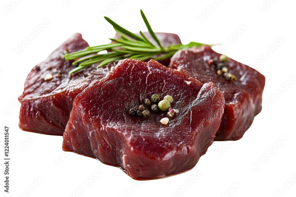 Fresh raw beef steak pieces garnished with green rosemary and spices, isolated on a white background for culinary use. Fresh raw beef steak pieces garnished with green rosemary and spices, isolated on a white background for culinary use.