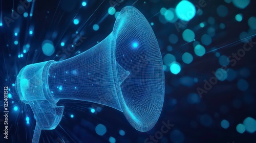 Abstract Blue Glowing Polygonal Mesh Megaphone On Blue Bokeh Background, 3d Rendering