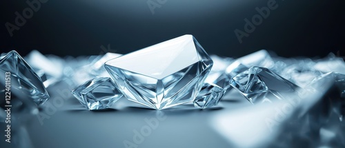 Geometry grid artistry concept. Shimmering ice crystals scattered on a soft surface, reflecting light and creating a serene, cool atmosphere.