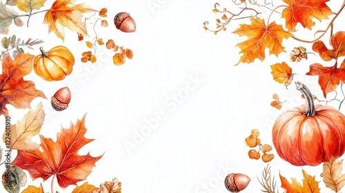 set of watercolor autumn PNG elements cut out, featuring vibrant leaves, pumpkins, and acorns for seasonal designs