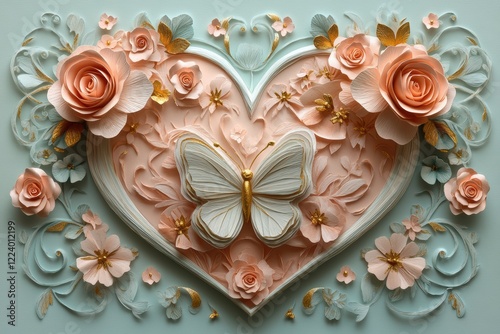 Elegant Floral Heart Design with Butterfly and Decorative Elements