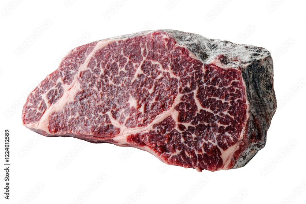 Obraz premium High-quality marbled beef steak on a white isolated background showcasing its intricate texture and rich color, perfect for culinary use.