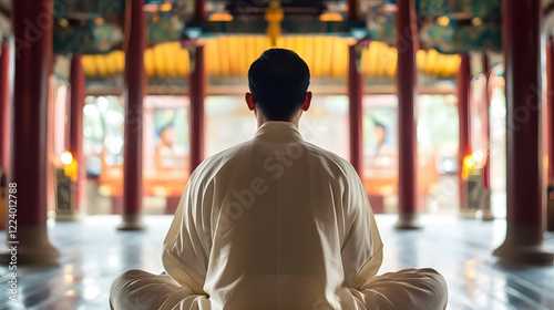 Wallpaper Mural Man meditating alone in a traditional Asian temple surrounded by historical architecture : Generative AI Torontodigital.ca