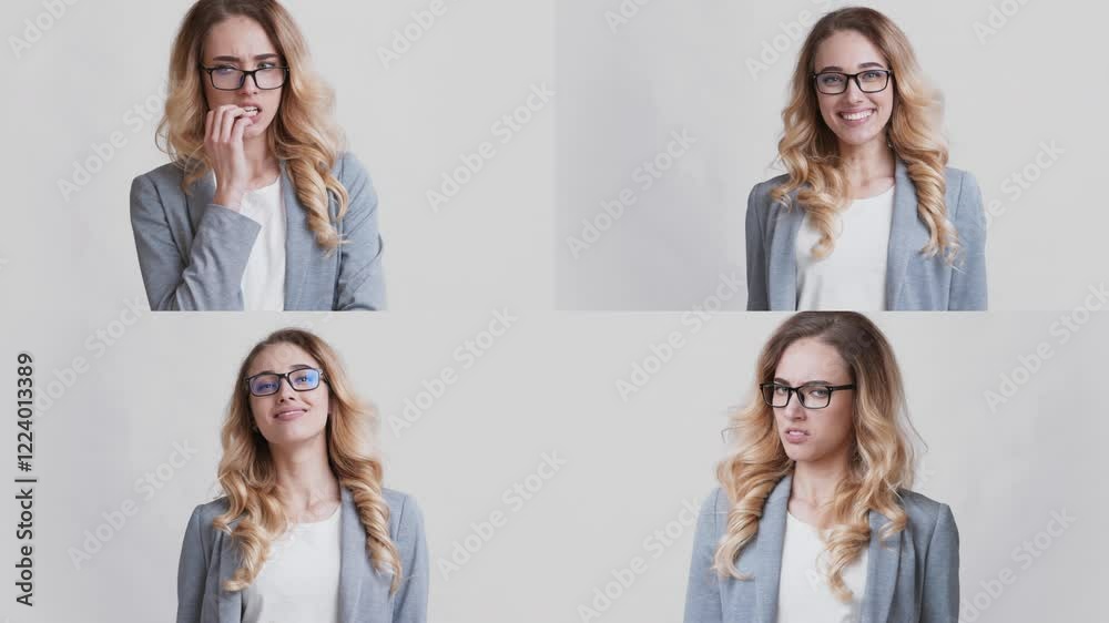 A collection features a woman with long hair and glasses showcasing various emotions through gestures, including greeting, surprise, and contemplation. The series highlights her diverse expressions. A collection features a woman with long hair and glasses showcasing various emotions through gestures, including greeting, surprise, and contemplation. The series highlights her diverse expressions.