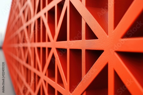 Geometry grid artistry concept. Bright orange geometric wall with triangular patterns, showcasing modern architectural design and bold color contrast.