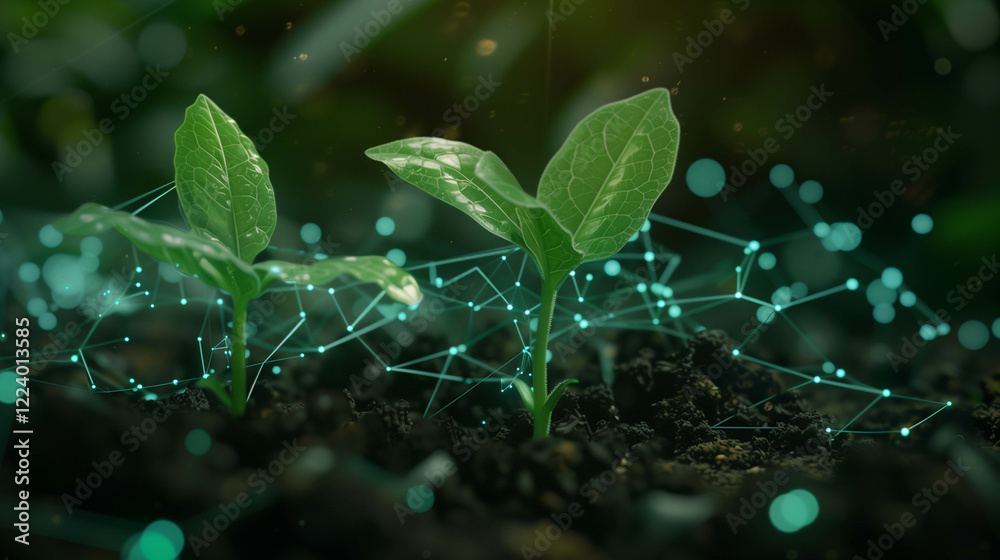 Young sprouting plants in soil with glowing digital network connections Young sprouting plants in soil with glowing digital network connections