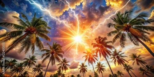 Low Light Zodiac Sun Flare: Cosmic Midday Coconut Scene, Astrological Flame Bolts, Celestial Cloud